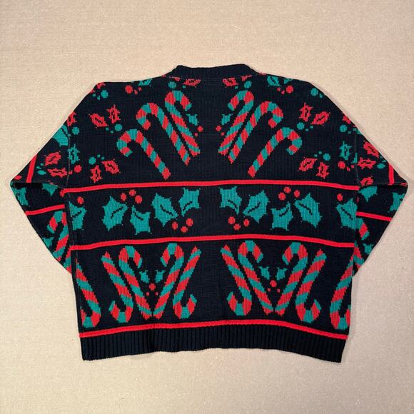 Vintage Christmas Candy Cane Holly Knit Cardigan Sweater Black Red Green XL - Picture 3 of 8